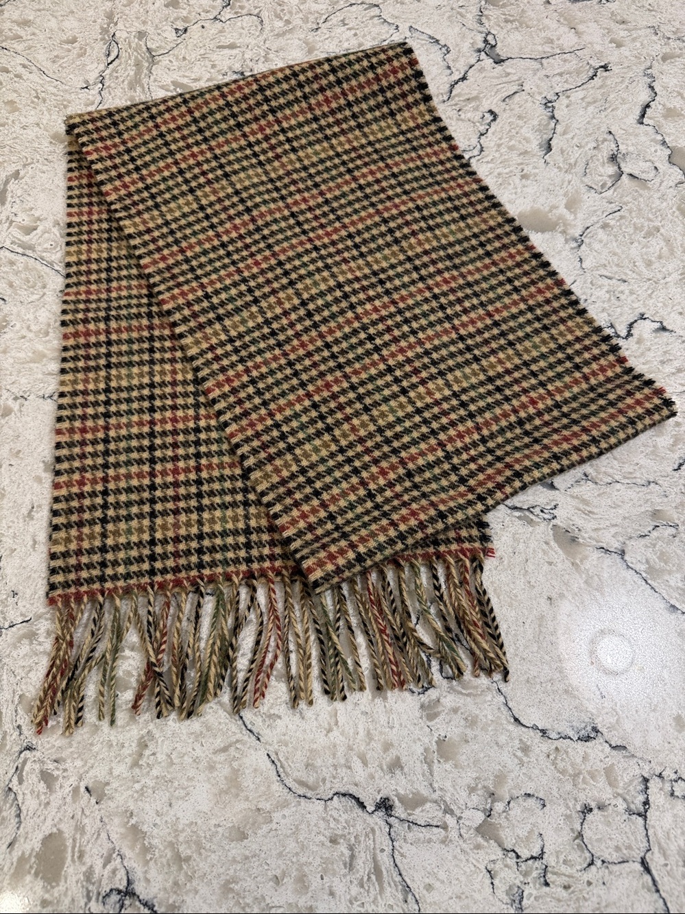 Foxford Ireland 100% Lambswool Plaid Houndstooth Scarf Tan Brown Green Fringe